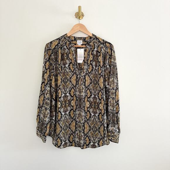 Peyton Jensen Viv Snake Button Front Long Sleeve Blouse Brown/Black L - Picture 1 of 9